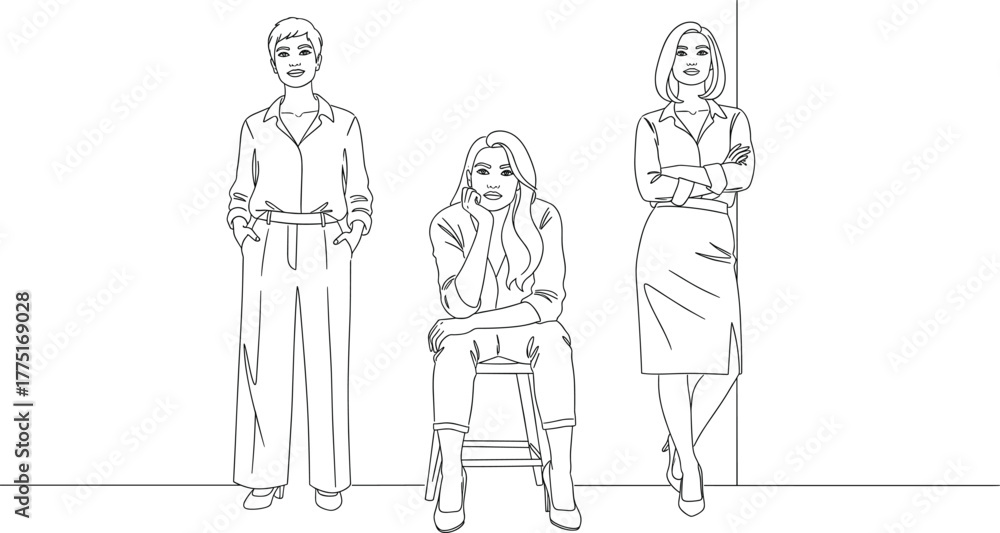 Fototapeta premium Minimalist line art illustration—three stylish individuals in modern outfits, casual and confident poses, fashion and identity theme, black-and-white vector 