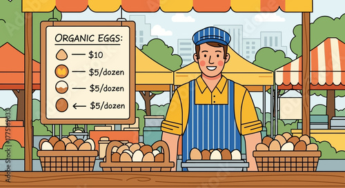 Friendly Farmer Selling Organic Eggs at Local Market with Urban Background