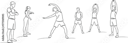 Group exercise illustration—six people stretching and warming up in coordinated poses, minimalist black-and-white continuous line art vector 