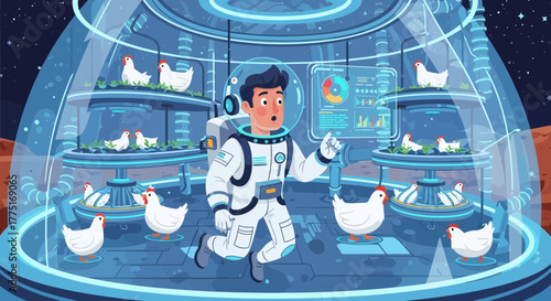 Astonished Astronaut Overseeing Chicken Farming Experiment Inside a Mars Habitat