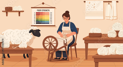 Illustration of a woman spinning wool with a vintage spinning wheel in a workshop