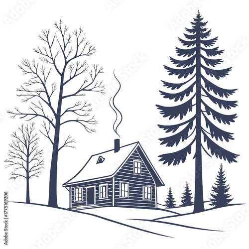 Cozy cabin in the woods with smoke rising from the chimney