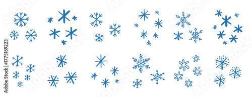 chalk pencil drawing blue snowflakes set. Snowflake doodle hand drawn cute style elements. Winter or Christmas concept.