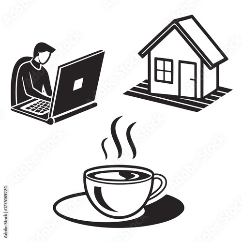 Work from home concept with laptop, coffee and house
