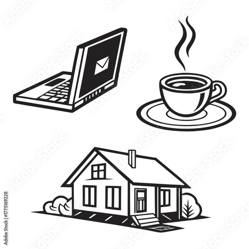 Remote work concept with laptop, coffee and house