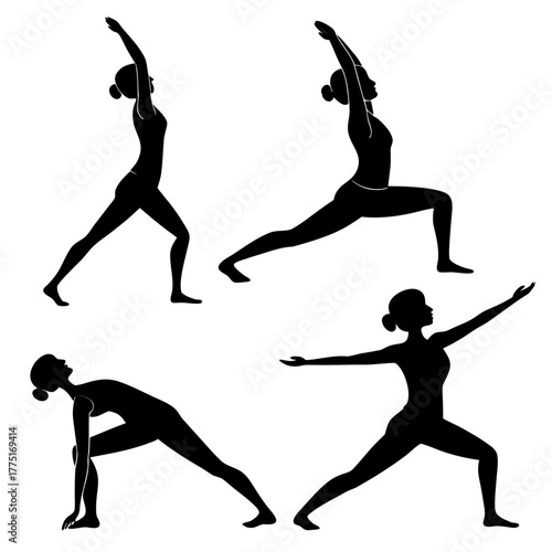 Silhouette of woman doing yoga poses set