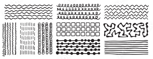 Spiral doodle hand drawn wavy underline set. Wavy lines smooth elements collection. 