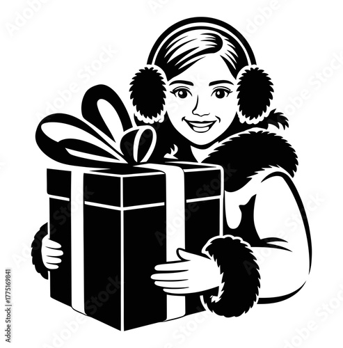 Girl holding Christmas gift with earmuffs