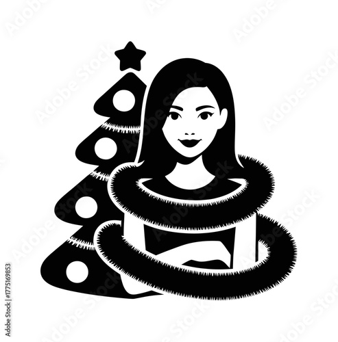 Woman with Christmas tree and tinsel decorations