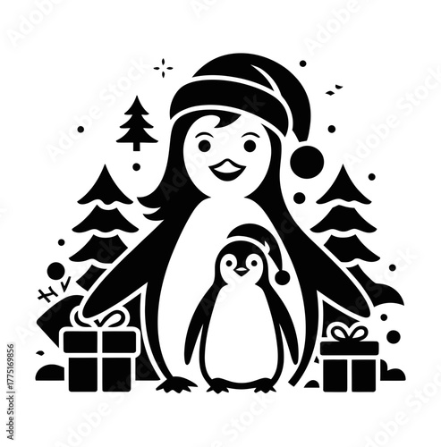 Penguin and girl with Christmas gifts and trees