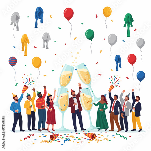 Flat vector festive celebration with cheering people raising champagne glasses