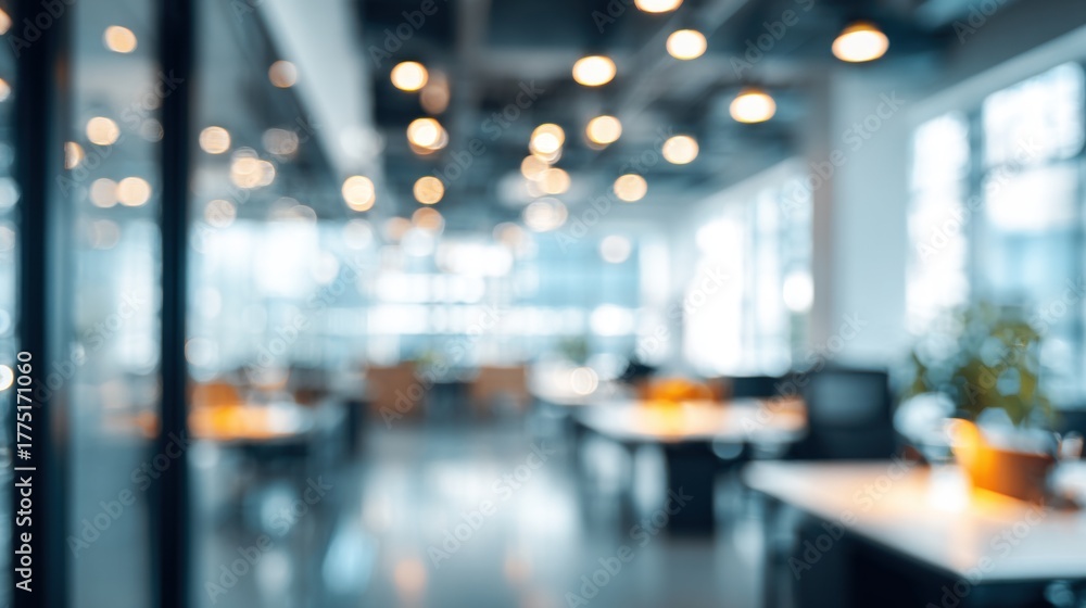 Obraz premium A blurred view of a modern office space featuring bright lights and desks, creating a warm and inviting atmosphere.