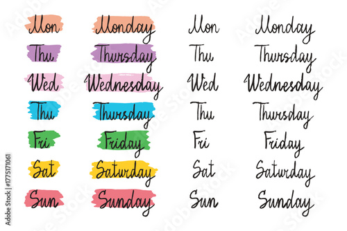 colorful doodle hand drawn lettering days of week. Sunday, Monday, Tuesday, Wednesday, Thursday, Friday and Saturday. Stickers for planner, journal. handwritten days week clipart.