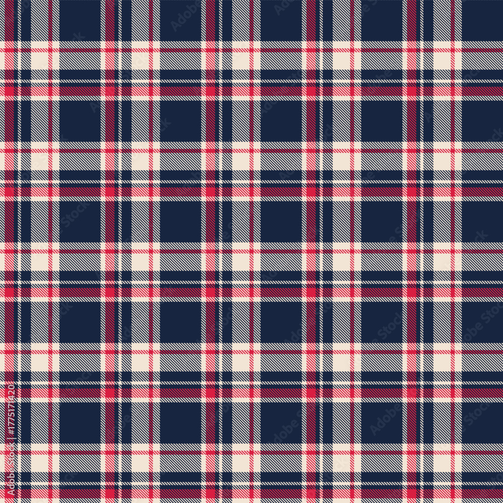 Fototapeta premium Classic plaid fabric pattern in navy, red, and cream with balanced crisscrossed lines, ideal for seamless fashion and cozy textile designs