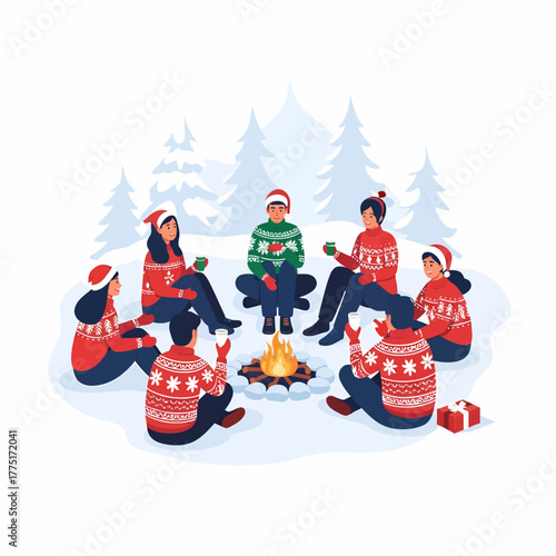 Flat vector illustration campfire gathering with friends in winter scenery