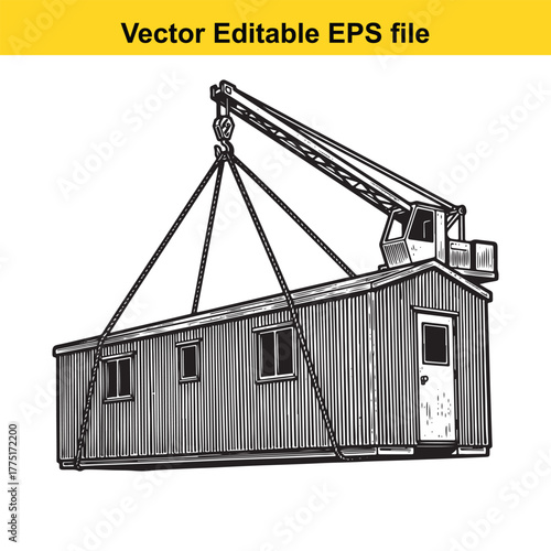 Vector editable eps file of a crane lifting a portable building