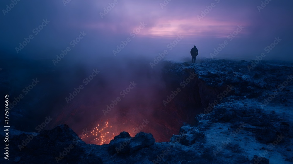 Obraz premium A solitary figure observes a smoking volcanic crater filled with molten lava under a twilight sky