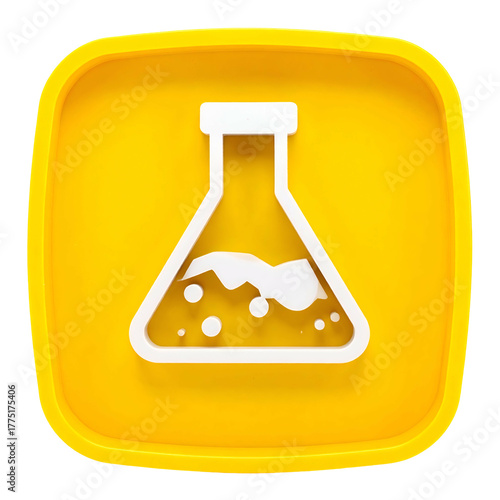 Square, yellow background with a white beaker icon containing a light-colored liquid