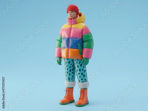 3D character wearing a bright rainbow colored puffer jacket and teal pants against a blue background