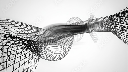 Abstract black and white 3D wireframe twisting tube shape on a white background