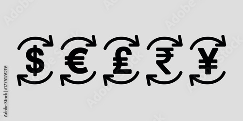 Global currency exchange symbols with circular arrows