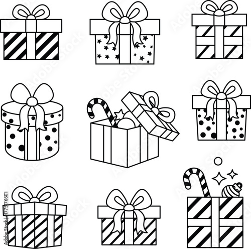 set of Illustration of a Gift Box with Bow vector outline