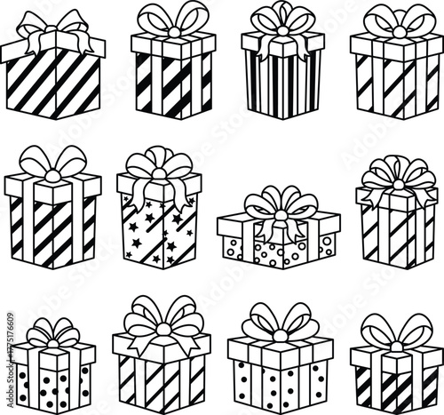 set of Illustration of a Gift Box with Bow vector outline
