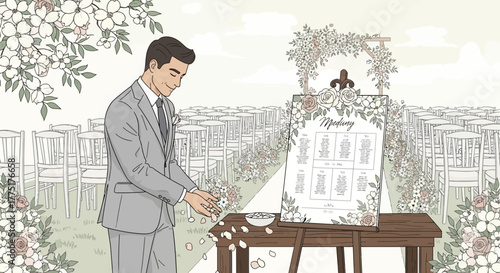 Man preparing floral decoration for an elegant outdoor wedding ceremony