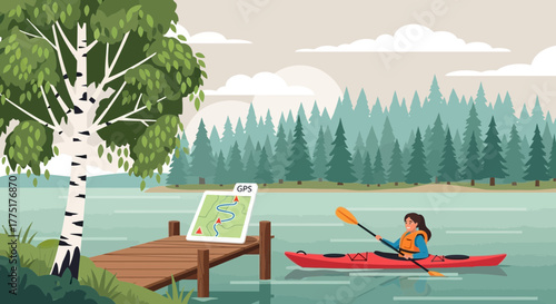 Kayaking adventure on a calm lake, guided by GPS, surrounded by nature's splendor