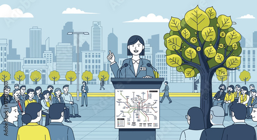 Public speaker delivers a speech about urban planning and green initiatives