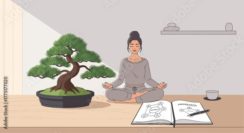Mindfulness meditation practice with bonsai, notepad and pen for creative wellness