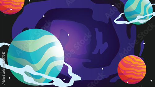 Deep space spiral galaxy with multiple colorful planets and orbits, seamless futuristic cosmic scene for astronomy, fantasy, or game background design.