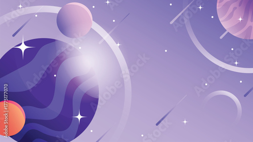 Seamless background with dreamy violet clouds and glowing planet in space, perfect for cosmic wallpapers, futuristic interfaces, or fantasy sci-fi scenes.