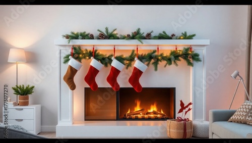 Cozy Christmas fireplace with stockings & warm glow