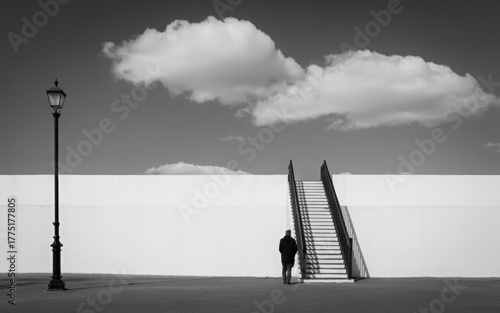 Surreal black and white landscape with a person standing by stairs leading up to clouds