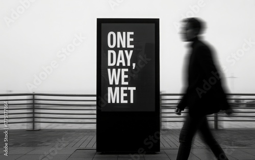 Blurred silhouette of a person walking past a digital sign reading One Day We Met