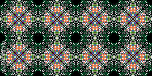Vibrant Dotted Kaleidoscope Seamless Pattern

. Ornamental Repeat Background. Decorative Abstract Digital Craft Background. Intricate Round Shape Symmetrical Pattern

.