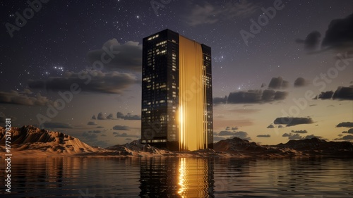 Tall glowing golden monolith structure in a barren landscape at night under a starry sky
