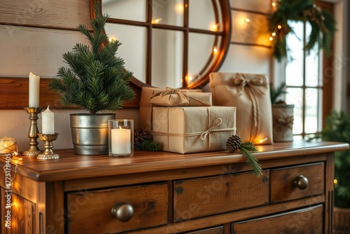 Cozy Christmas decor gifts presents pine tree warm lights