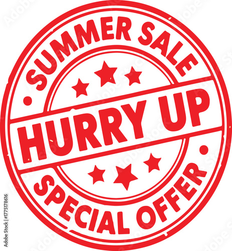 Summer Sale Stamp – Urgent Promo Badge | summer sale icon, hurry up graphic, special offer badge, red promo stamp, limited time deal, circular discount label, urgency symbol