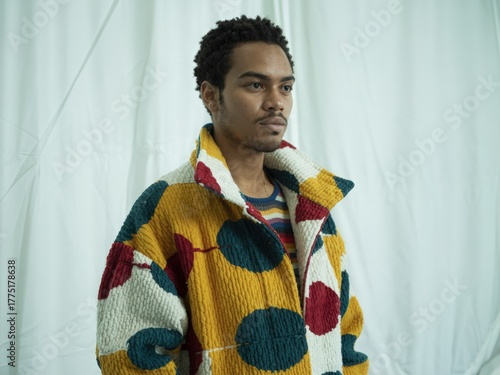 Portrait of a thoughtful young man wearing a colorful patterned jacket