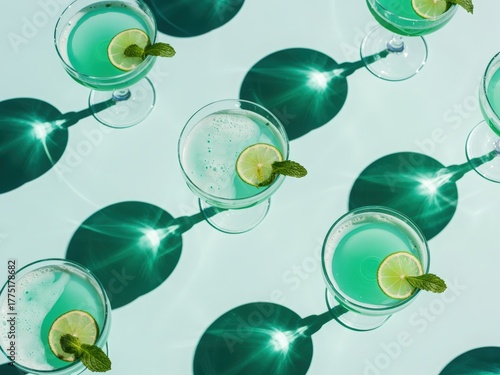 Overhead view of green cocktail drinks with lime garnishes casting hard shadows