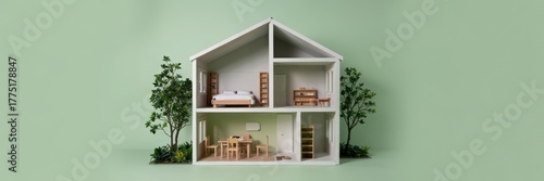 Miniature wooden dollhouse interior with furniture against a light green background