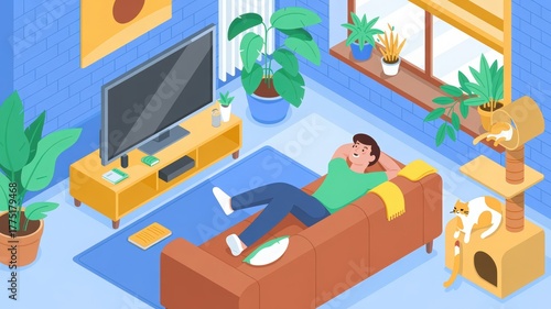 3D isometric illustration of a man relaxing on a sofa in a modern colorful living room