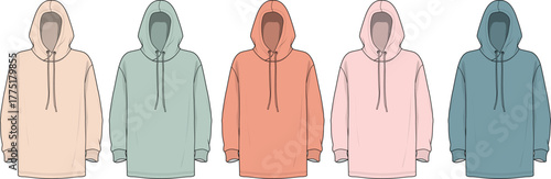 A row of five identical hooded sweatshirts in various pastel colors arranged horizontally on a white background, perfect for fashion or apparel design