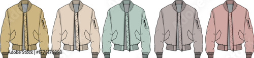 Vector illustration showcasing a diverse collection of casual bomber jackets in various pastel and muted colors, ideal for modern apparel design and fashion concepts
