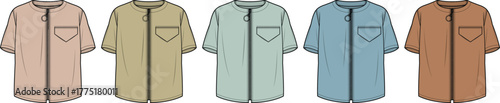 Collection of five short-sleeved collared shirts with zippers in various pastel colors