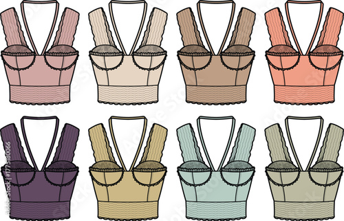 Set of fashion design technical flat sketches featuring a structured bustier top with straps, presented in a palette of multiple colorways for apparel collection development