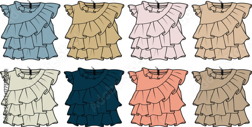 Collection of Ruffled Layered Dress Illustrations in Various Colors