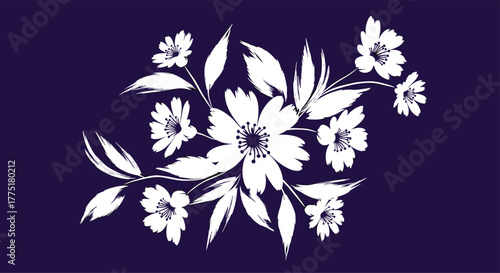 Elegant white floral brushstroke design on a deep indigo background, showcasing a bouquet of delicate blossoms and leaves.